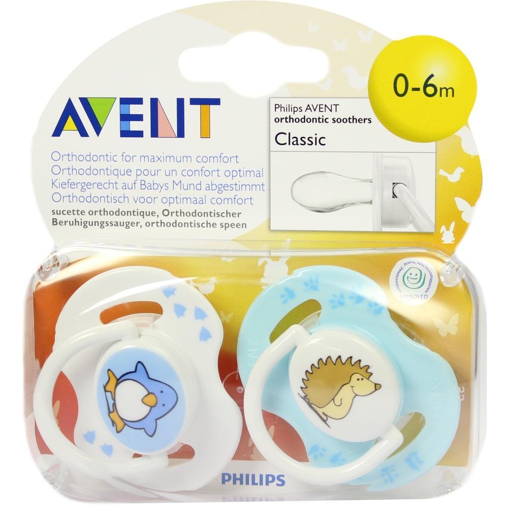 Zwei bunte Schnuller für Babys, einer mit einem Pinguin und einer mit einem Igel.