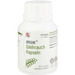 Eine Dose mit 100 Weihrauch-Kapseln zur Nahrungsergänzung.